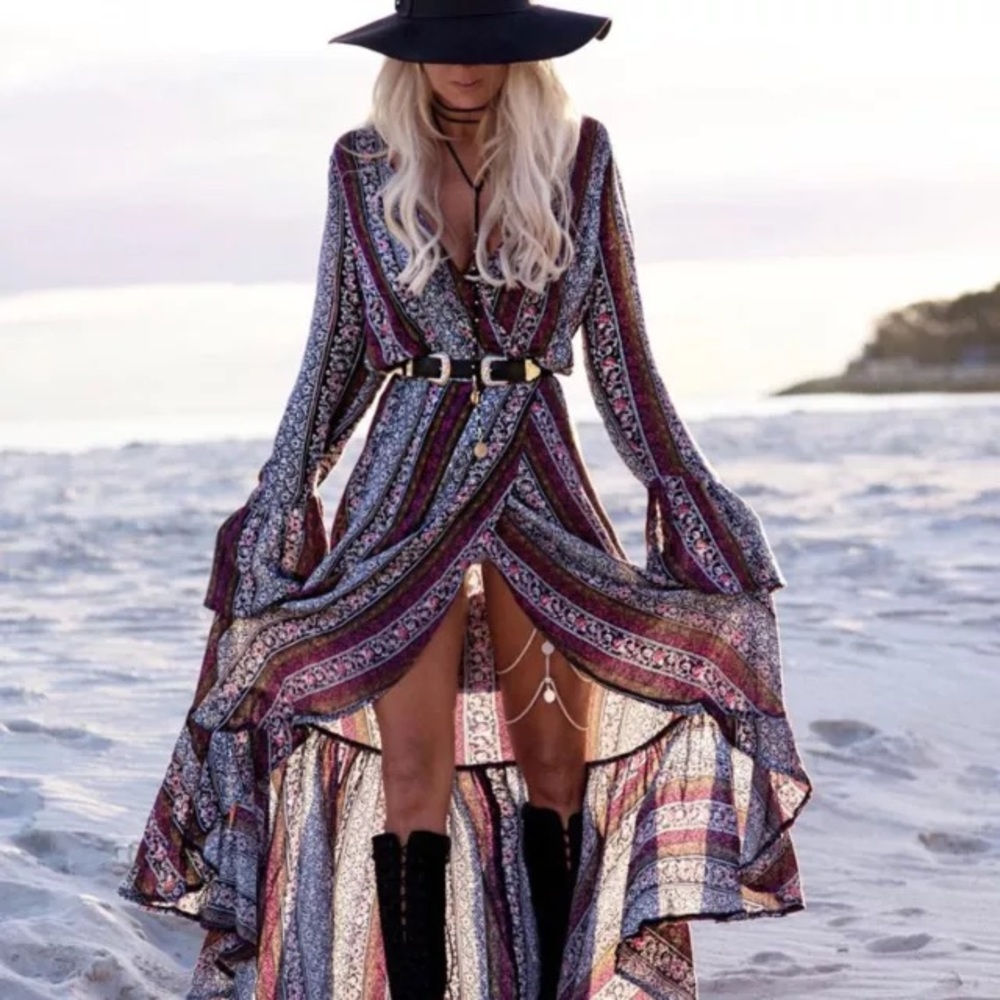 SEXY BOHO PRINT FESTIVAL FLORAL WRAP MAXI DRESS S - Picture 1 of 4
