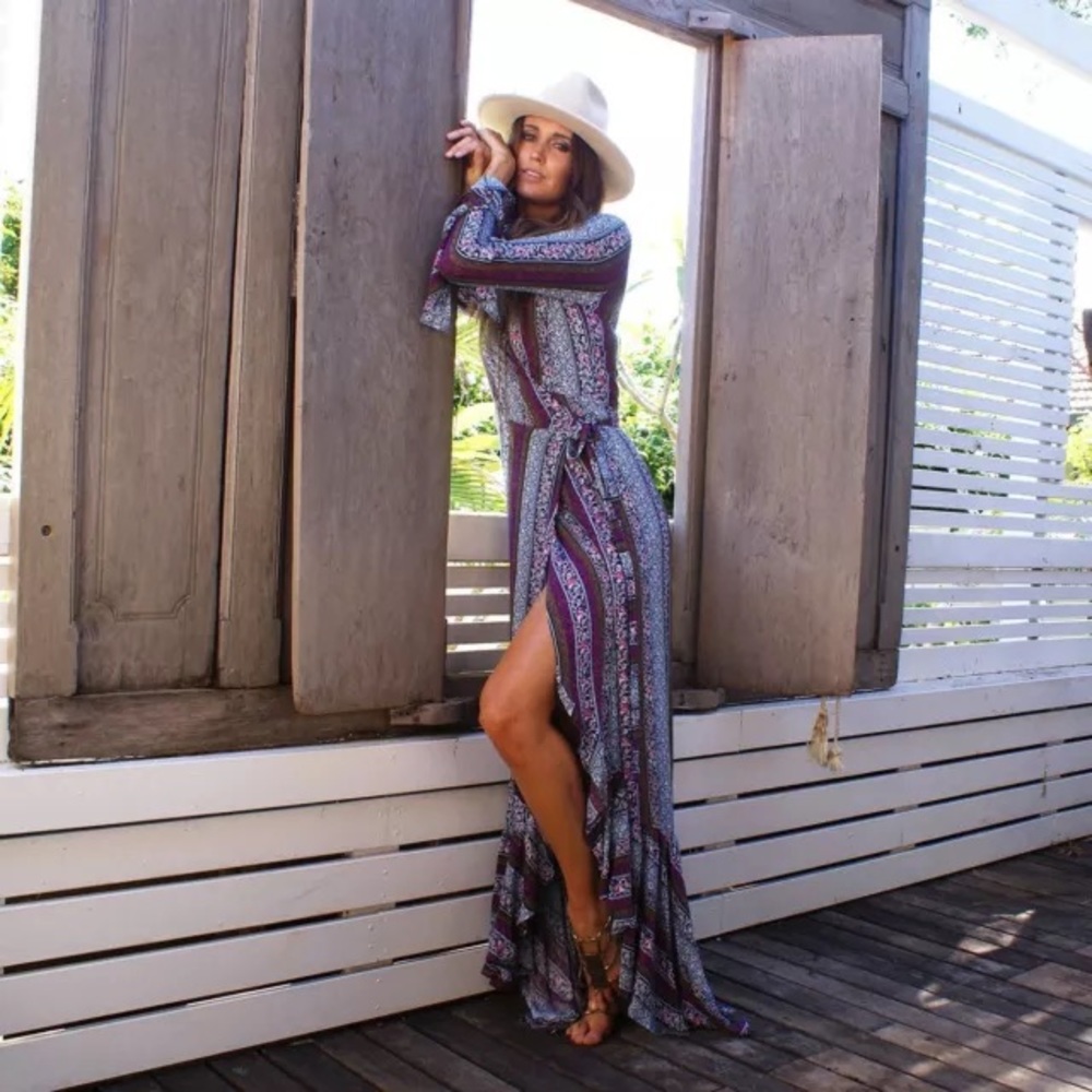 SEXY BOHO PRINT FESTIVAL FLORAL WRAP MAXI DRESS S - Picture 2 of 4