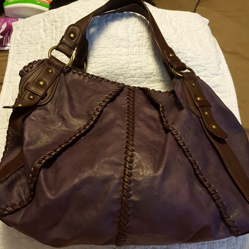 Large purple and brown hand bag