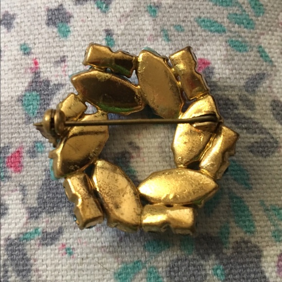VINTAGE GOLD TURQUOISE BLUE RHINESTONE BROOCH - Picture 2 of 2