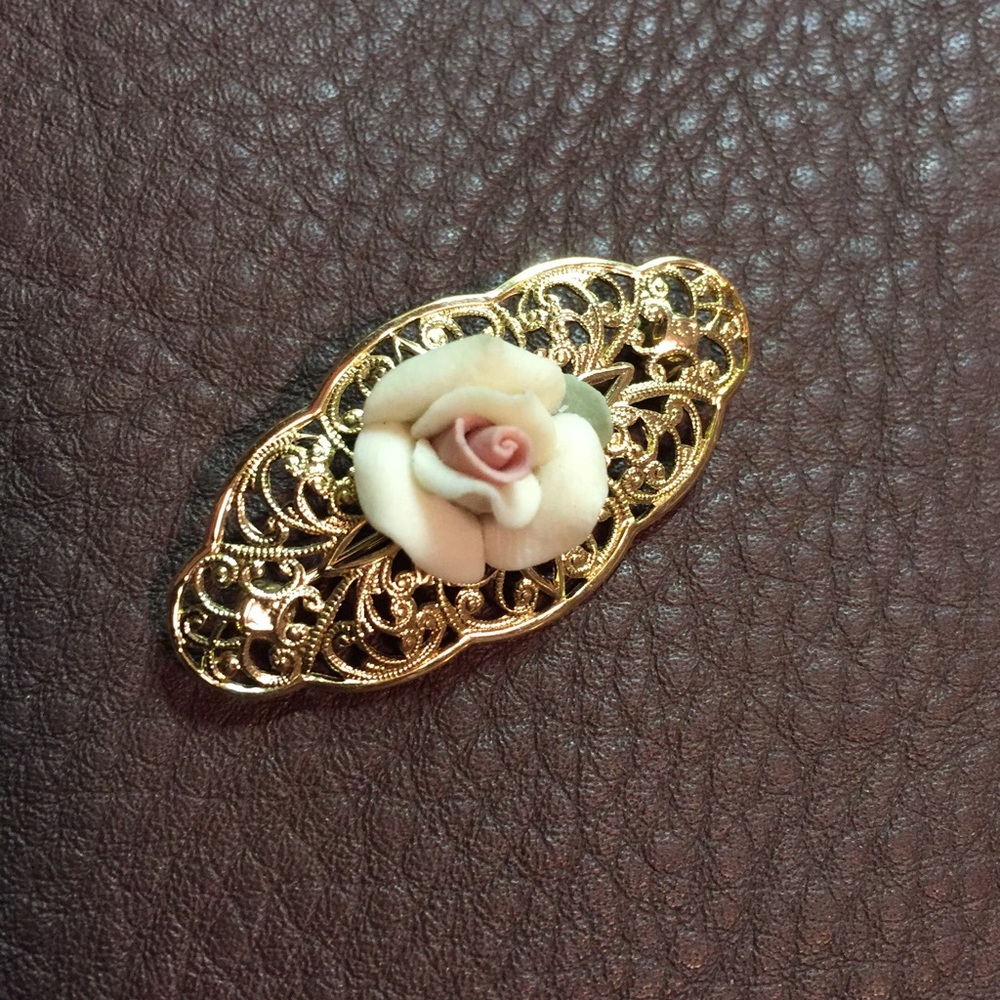 Vintage Porcelain Rose Filigree Brooch