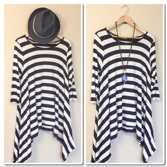 Striped Shark Bite Hem Top Blue& White - Picture 2 of 4