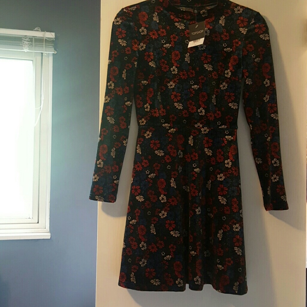 VELVET-LIKE MOCK NECK FLORAL DRESS