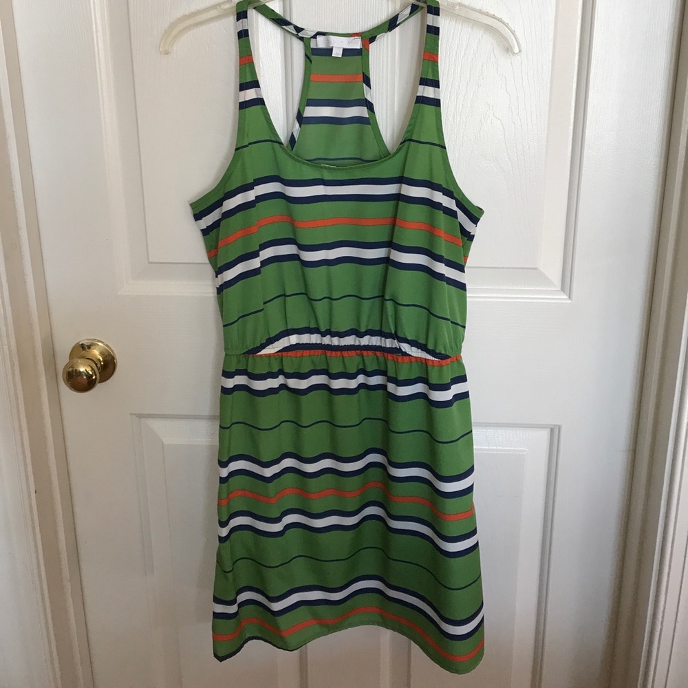 Fun summer racer back green striped dress S