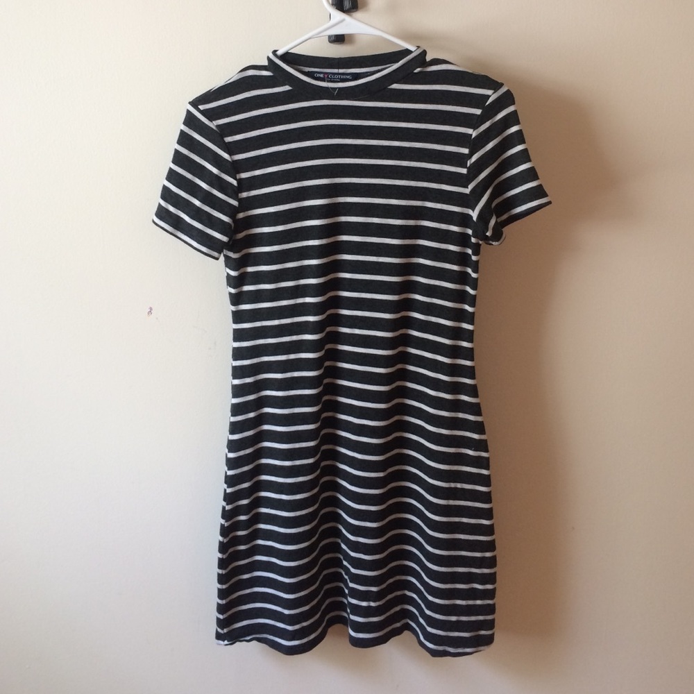 Gray and White Striped Mock Neck Mini Dress