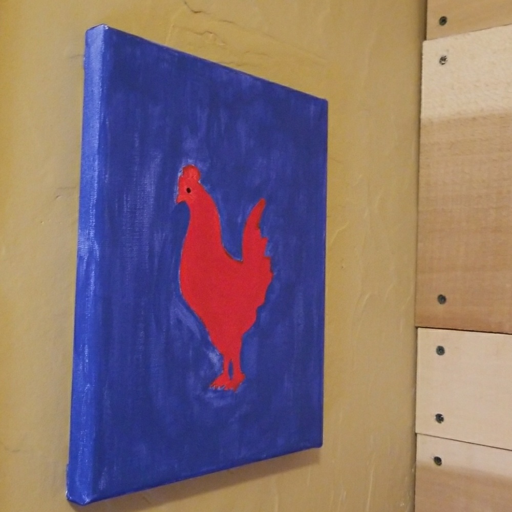 ROOSTER painted on canvas red&blue Farmhouse decor