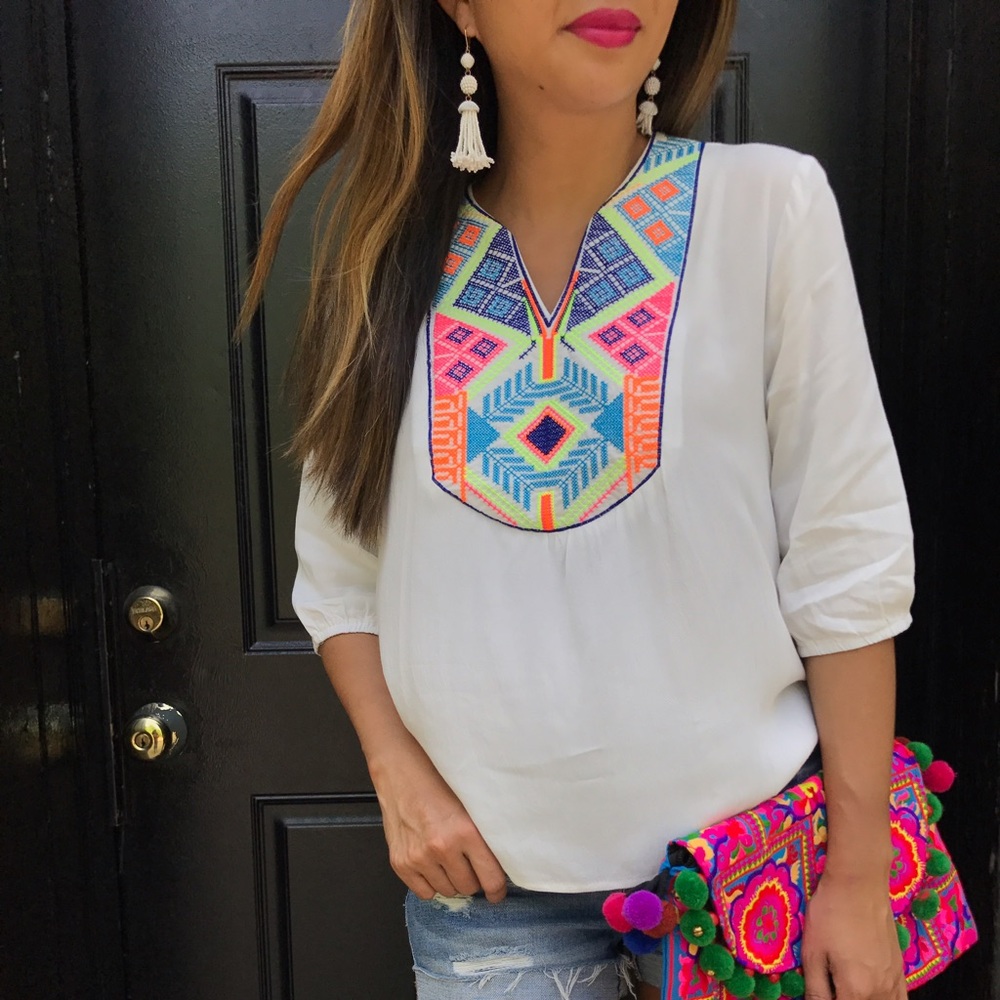 New! Neon embroidered white shirt in white, small