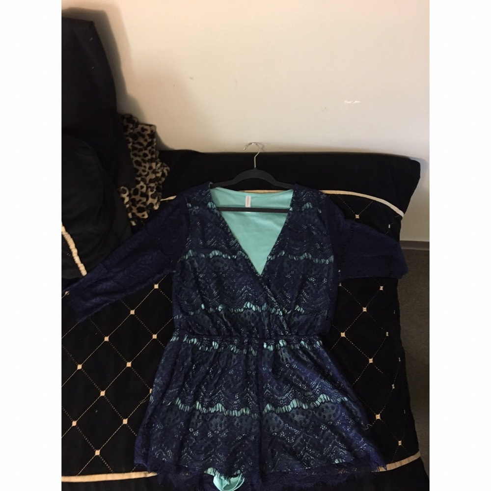 Turquoise and Navy Blue Crochet Lace Romper🌻