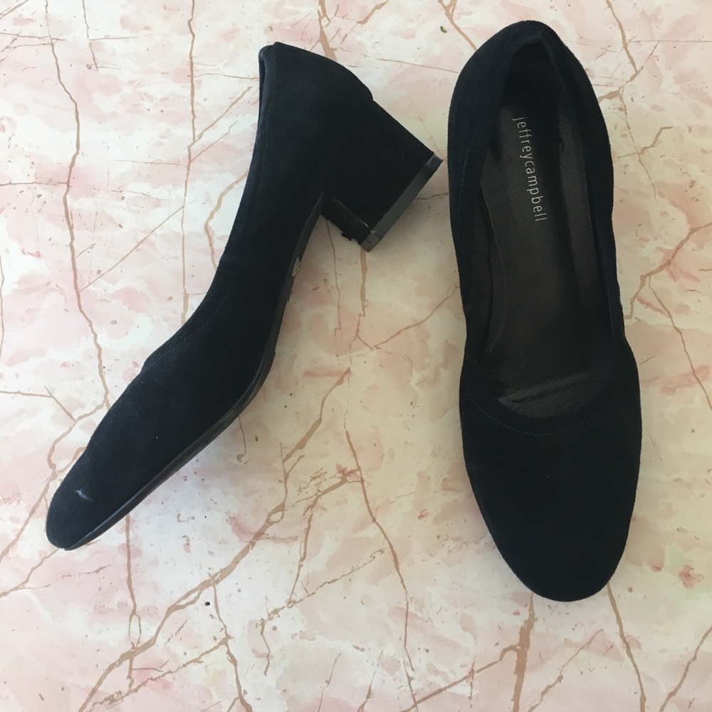 Black suede Jeffrey Campbell Bitsie block heels