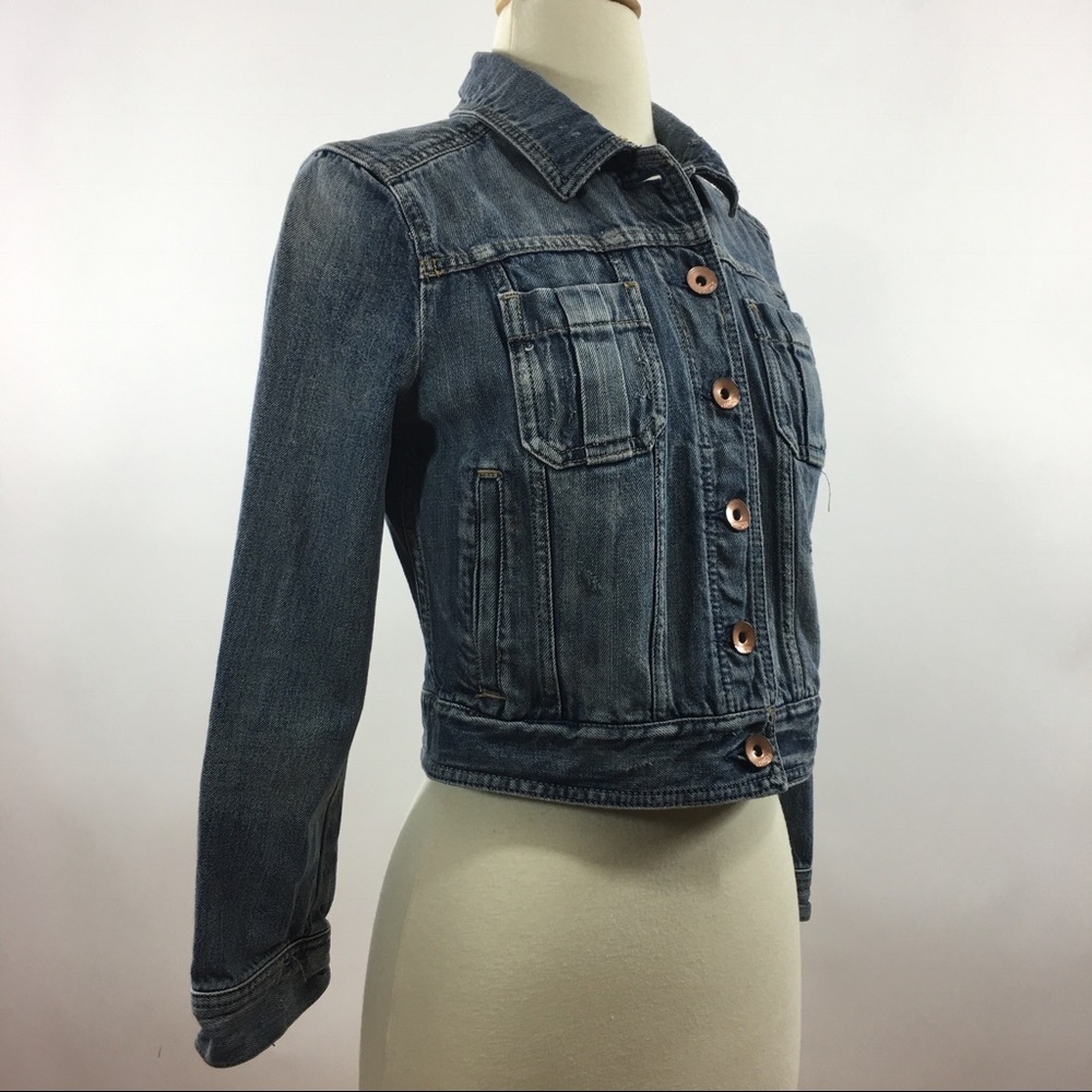 Express Distressed Button Up Blue Denim Jacket - Picture 2 of 8