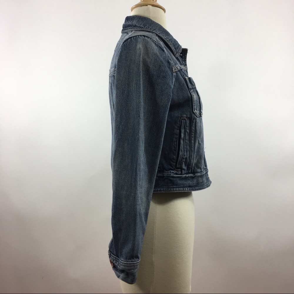 Express Distressed Button Up Blue Denim Jacket - Picture 3 of 8