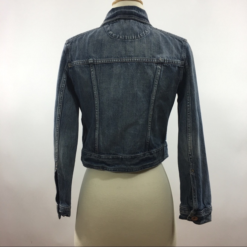 Express Distressed Button Up Blue Denim Jacket - Picture 4 of 8