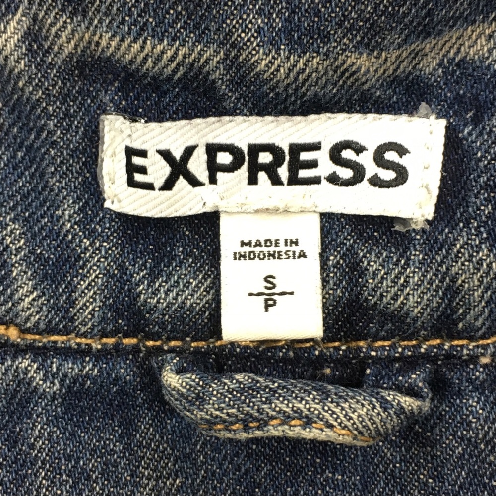 Express Distressed Button Up Blue Denim Jacket - Picture 7 of 8