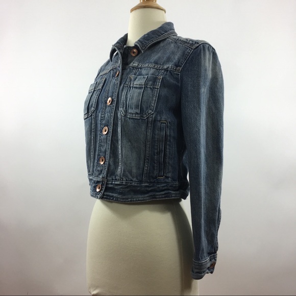 Express Distressed Button Up Blue Denim Jacket - Picture 6 of 8