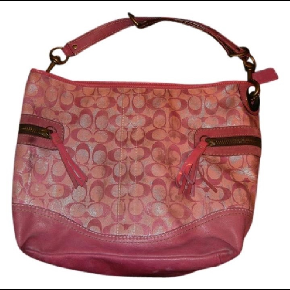 Pink and silver coach tote