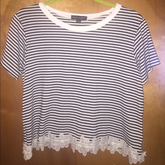 About A Girl Tops - Striped crop top with floral hem. Black and white