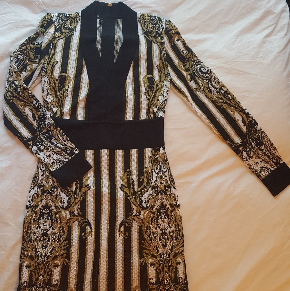 Balmain V Neck Stripe Jacquard Knit Mini Dress