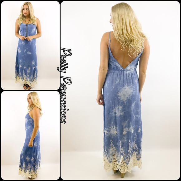 Denim Blue & Crochet V-Back Maxi Dress - Picture 3 of 6