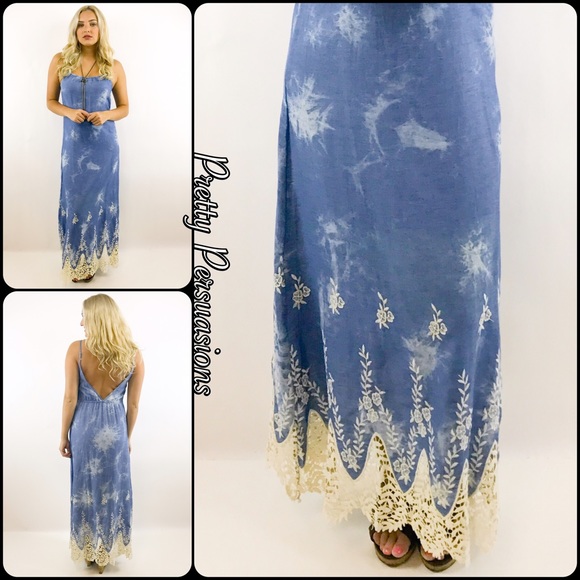 Denim Blue & Crochet V-Back Maxi Dress - Picture 4 of 6