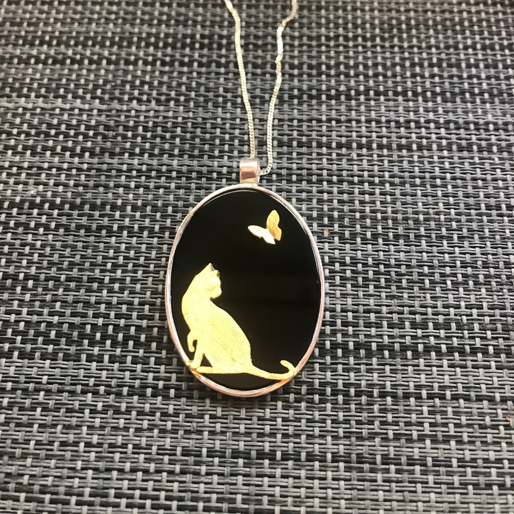 3D Kitten with butterfly necklace Sterling Silver