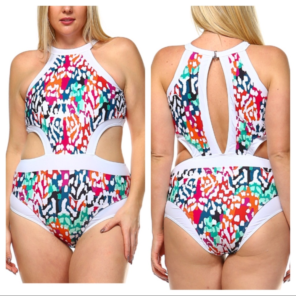 White/Multi Cutout Monokini Swimsuit (Plus/curvy)