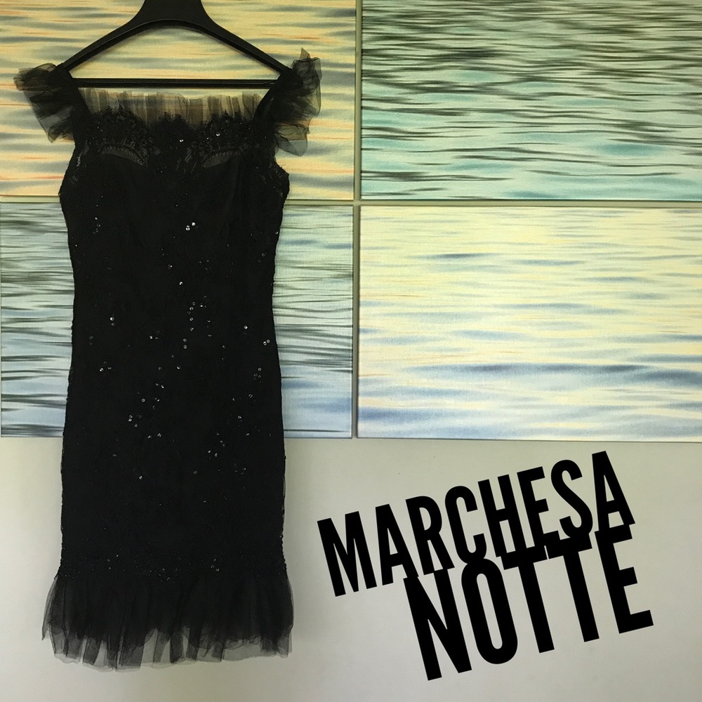 Marchesa Notte black tulle and lace gown