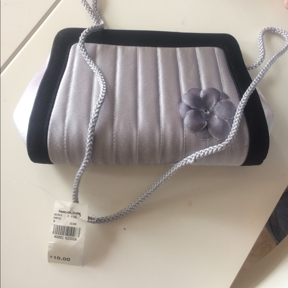 Silver satin clutch