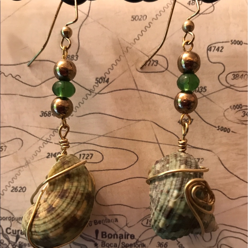 Gold Tone Wire Wrapped Green Turbo Shell Earrings