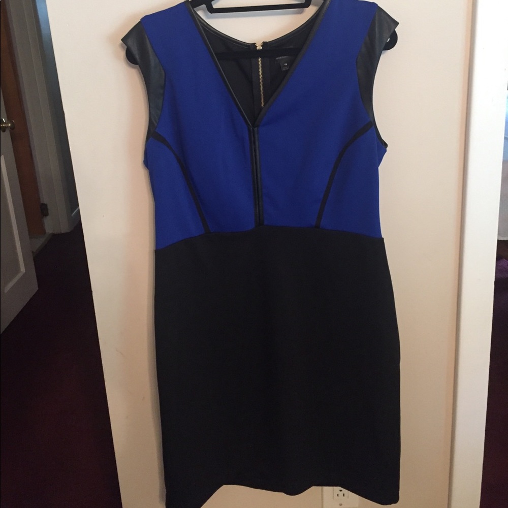 Blue and black midi dress w/ faux leather details