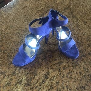 WHBM Blue Suede Open Toe "Maria" Heels. Size 10