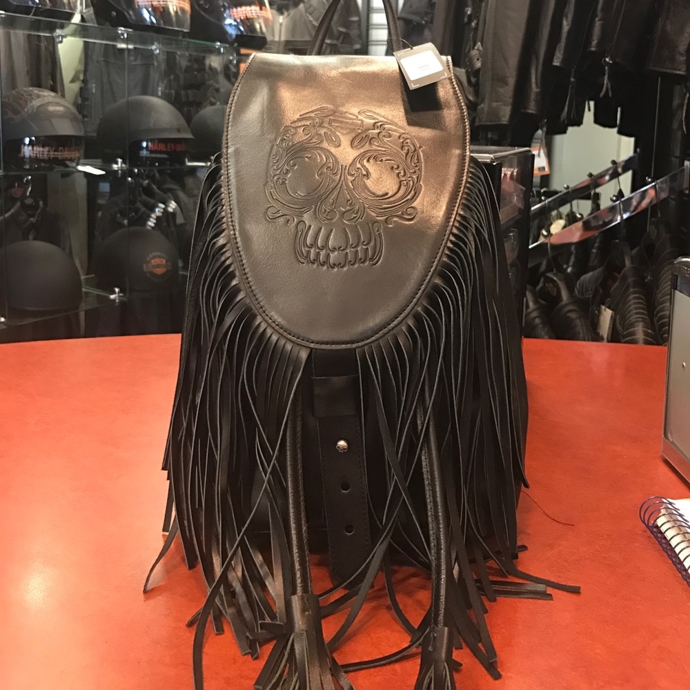 Leather Backpack with Sugar Skull & Fringe