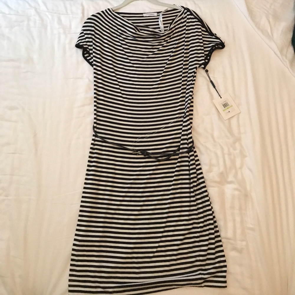 Calvin Klein black and white striped dress.
