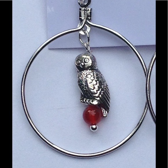 Carnelian Owl Hoop Earrings - Picture 2 of 4