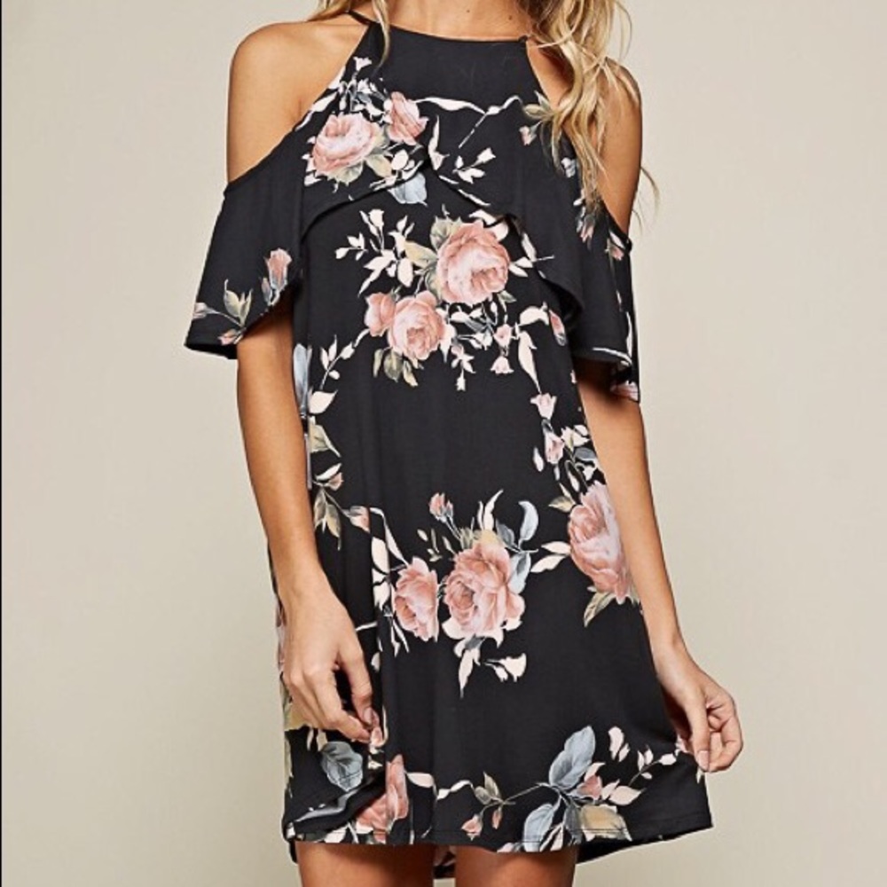 SOLD - Black Floral Cold Shoulder Dress