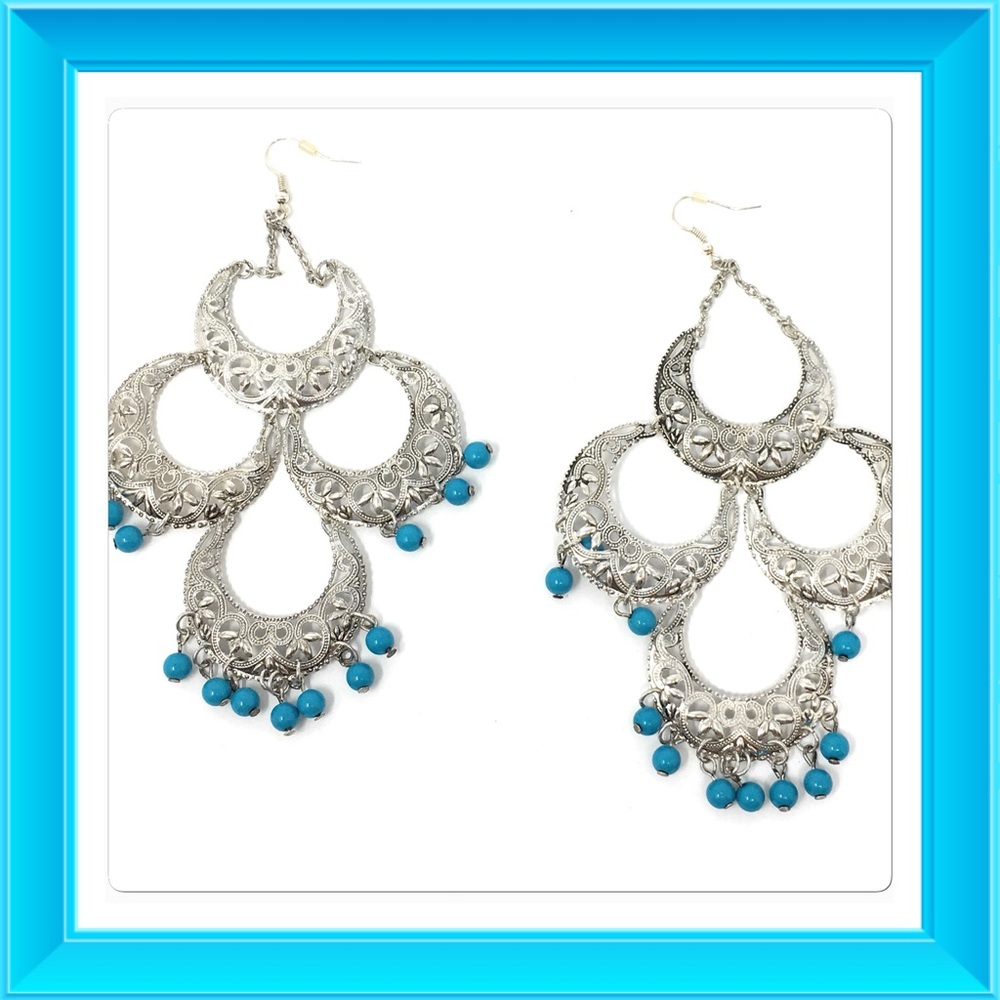 Silver dangle earrings with turquoise beads NWOT