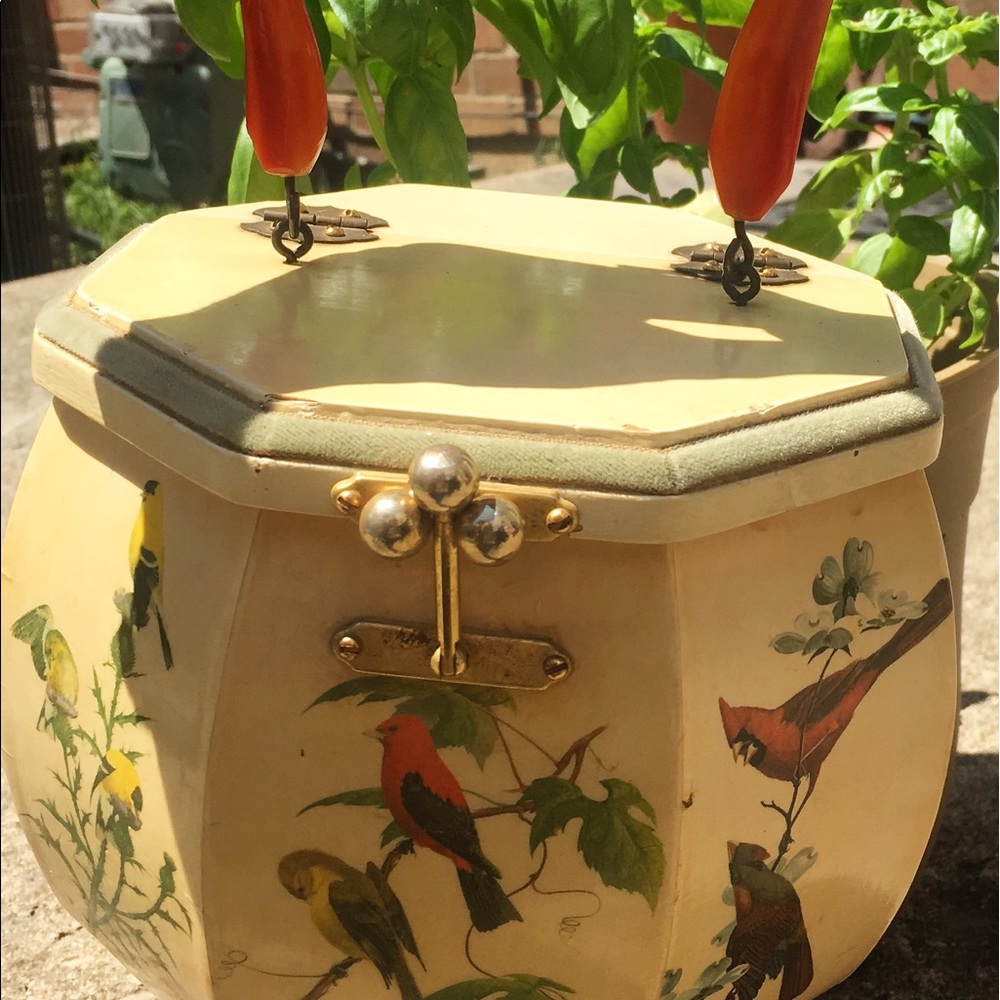 Vintage Wooden Case with Lucite Handle & Songbirds