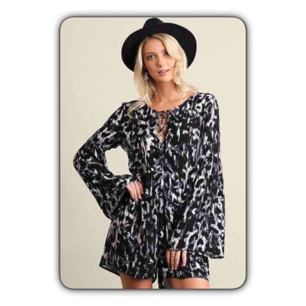 Flirty Animal Print Lace Up Romper SM - Picture 2 of 7