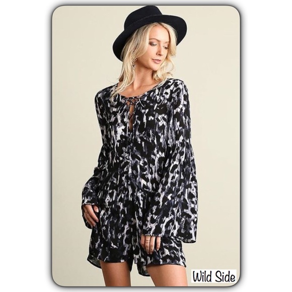 Flirty Animal Print Lace Up Romper SM - Picture 6 of 7