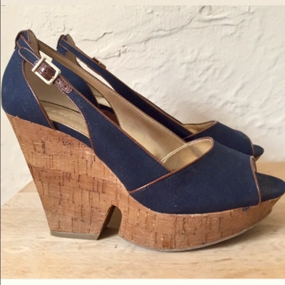 BCBG Peep Toe Platform Wedges Navy Blue w/ Leather
