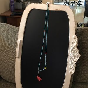 Beaded Turquoise Necklace with Pom Pom and Tassel