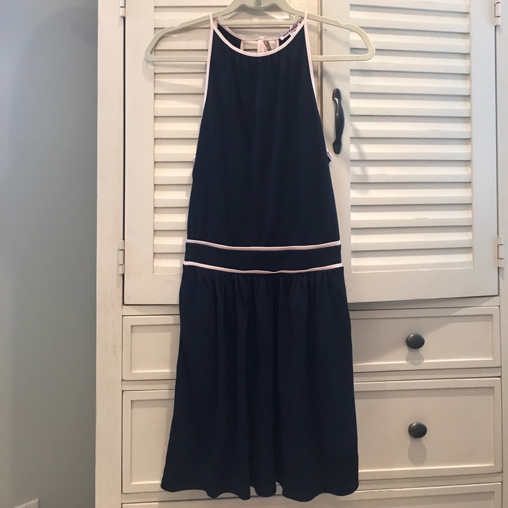 Navy blue dress with beige accents