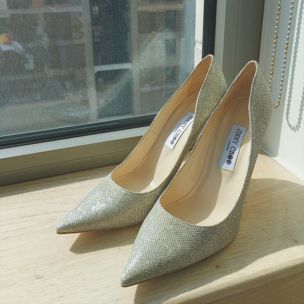 Jimmy Choo gold glitter pointed toe pumps - Picture 1 of 4