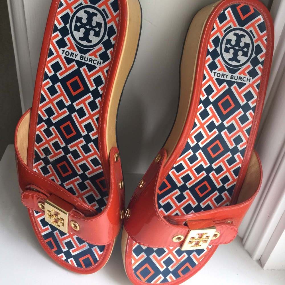 Tory Burch Orange Patent Wood Sandals
