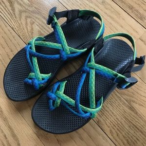 blue and green two strap chacos !