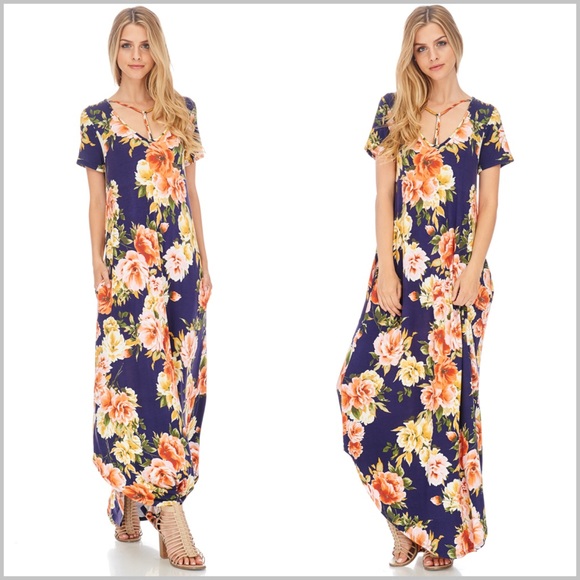 Navy floral pocket maxi dress. - Picture 4 of 5