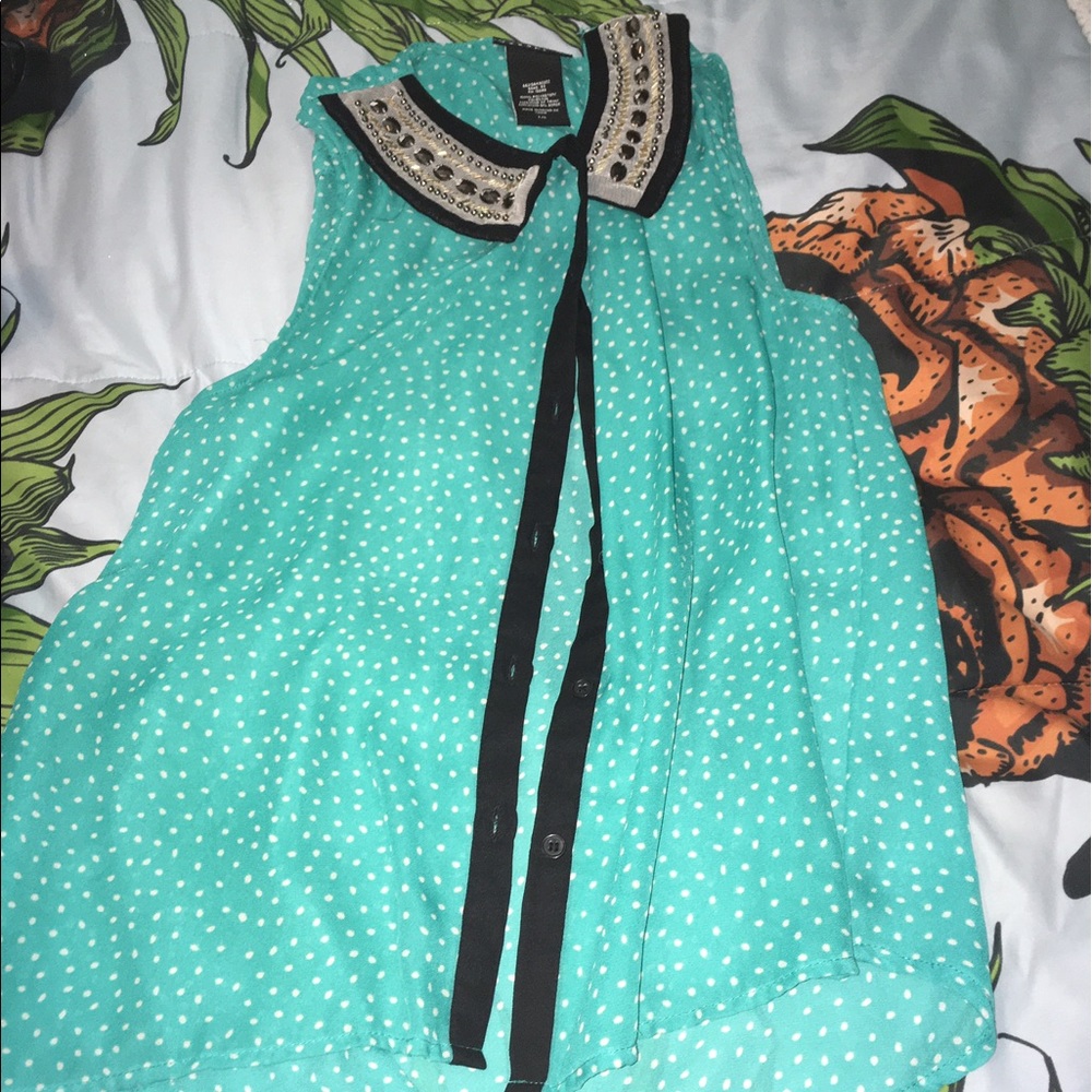 (SOLD) Turquoise Polka Dot Button Up