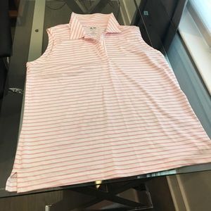 Pink and white striped adidas golf shirt.