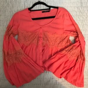 Coral cropped bell-sleeve top--worn once