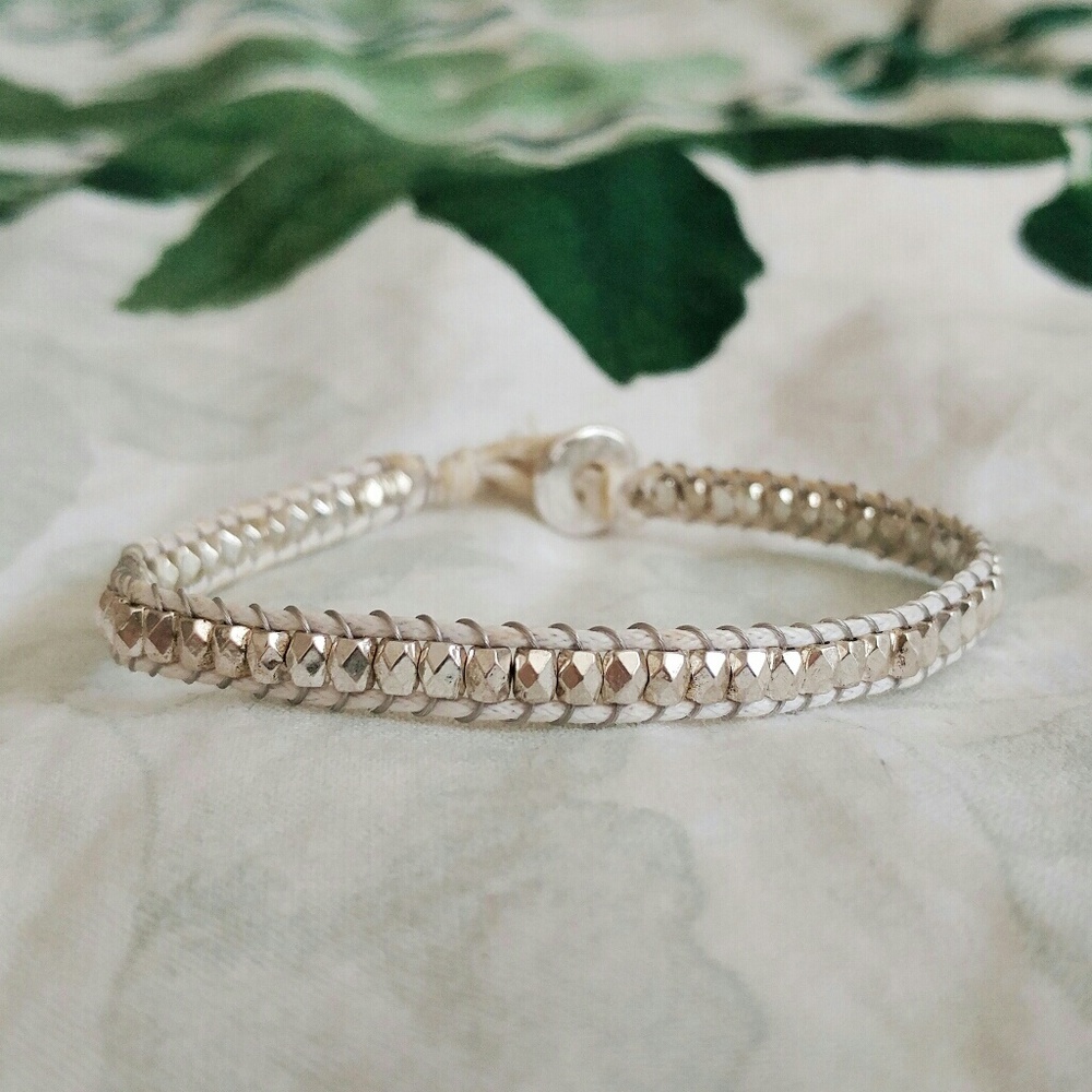 White Bracelet with Interlaced Silver Beads