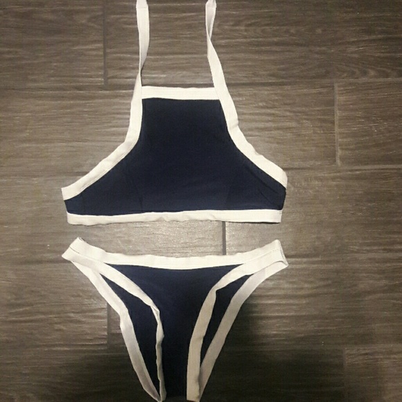 Dark Blue & White Halter Top Bikini - Picture 1 of 3